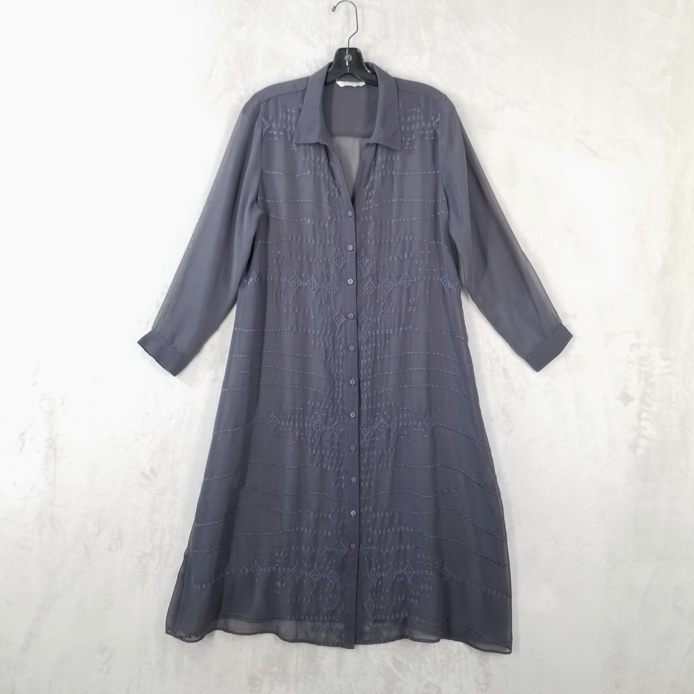 Soft Surroundings Duster Cardigan Shirt Dress Womens PM Gray Embroidered Sheer